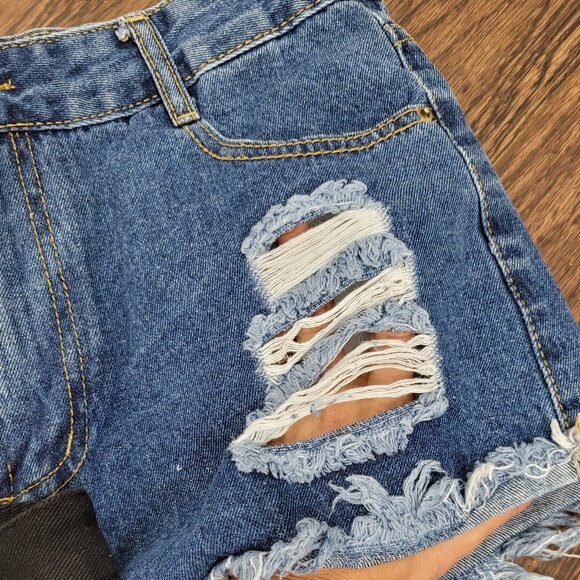 Shein Women's Blue & Black Denim Casual Ripped Cut Out Two Jeans Shorts Sz Large - Picture 3 of 8